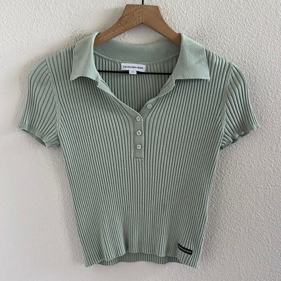 Calvin Klein Jeans Top Ribbed Light Mint Green Collar Academia Button Crop Small - Picture 1 of 7